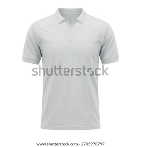 Front view of plain white short sleeve polo shirt with buttons and collar on white