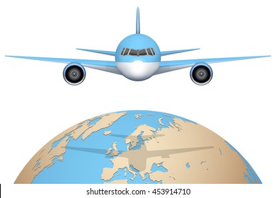 Front view of Plane flies over globe. Civil Aircraft. Public or private plane. For business and travel design. Vector Illustration isolated on background.