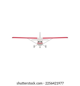 Front view of plane vector illustration. Flying propeller airplane, front view of aircraft isolated on white background. Tourism, aviation industry concept