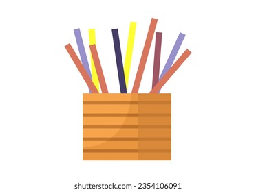 Front view of plastic holder, container with colored pencils. Stationery of employee workplace. Organizer for storing instruments at desk. Office tool with pencils isolated on white background