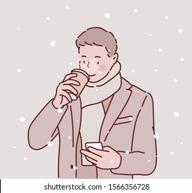 Front view portrait of a businessman walking towards camera and using a smart phone in the street in winter. Hand drawn style vector design illustrations.