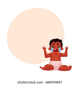 Front view portrait of cute black, African American baby, child in diaper sitting, crying hard, cartoon vector illustration with space for text. Crying black, African American baby in diaper