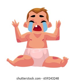 Front view portrait of cute little baby kid, infant, child in diaper sitting and crying hard, cartoon vector illustration isolated on white background. Crying little kid, baby, infant in diaper
