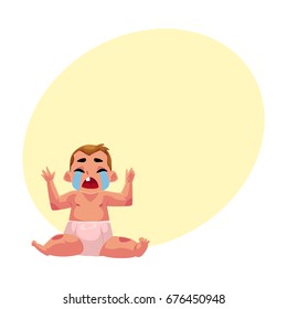 Front view portrait of cute little baby kid, infant, child in diaper sitting and crying hard, cartoon vector illustration with space for text. Crying little kid, baby, infant in diaper
