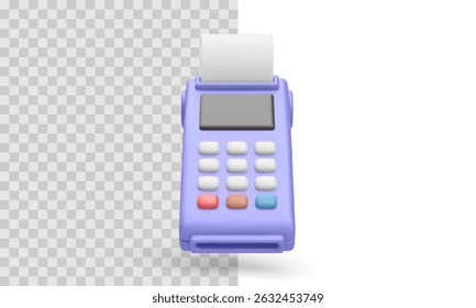 Front View of POS Terminal with Colored Buttons and Paper Receipt in Cartoon Style, Isolated on Transparent and White Background. Great for Retail, Payment or Shopping Use. Vector Illustration.