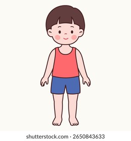 front view pose of a cute little boy in summer outfit – sleeveless shirt and shorts