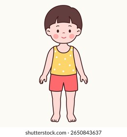 front view pose of a cute little boy in summer outfit – sleeveless shirt and shorts
