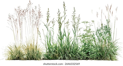 Front view Prairie dropseed Sporobolus heterolepis and Calamagrostis acutiflora Karl Foerster grass cutout, native prairie plants, sustainable landscaping, vector illustration.