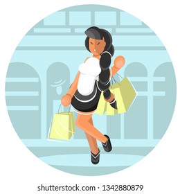 Front view of pretty lady in blouse and skirt standing in front of stores and carrying purchases. Cartoon flat vector illustration