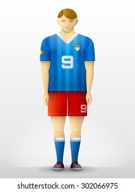 Front view of professional soccer player. Standing footballer in association football uniform. Vector illustration