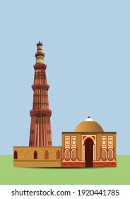 front view of Qutub Minar New Delhi, India, The tallest minaret in India is a marble and red sandstone tower that represents the beginning of Muslim rule in the country. vector illustration.	