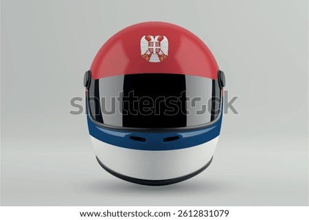 Front view of racing motorcycle helmet featuring Serbia flag colors