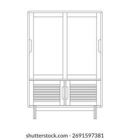 Vista frontal do rack mostrando a estrutura vertical com vários compartimentos abertos, projetado para armazenamento e exibição organizados, destacando proporção balanceada e composição linear limpa.