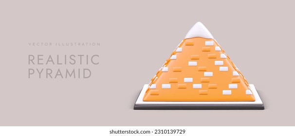 Front view of realistic 3d cartoon pyramid in orange color. Advertising poster, landing page for travel company. Vector illustration with purple background