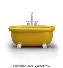 Front view of realistic bath in gold colors. Taking bath, cleaning and hygiene, water procedures concept. 3d home concept. Vector illustration with place for text