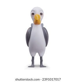 Front view realistic bird with black wings and yellow beak. Seagull portrait on white background. Bird ready to fly under sea. Vector illustration in 3D style
