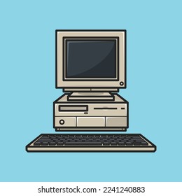 Front view of a realistic computer monitor CPU with a keyboard. Vector illustration isolated on light background.