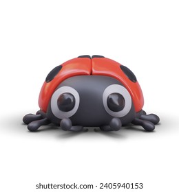 Front view realistic cute bug. Ladybird standing on white background. Insect with red wings and black head. Vector illustration in 3d style with shadow