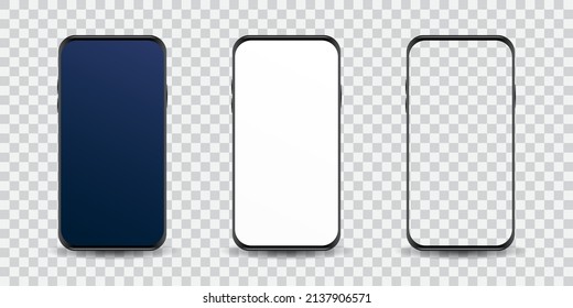 Vista frontal de un simulacro de dispositivo móvil realista aislado. Marco de Smartphone con pantalla vacía oscura, blanca y transparente. Plantilla para la presentación de aplicación y UI-UX. Vector de ilustración EPS10.