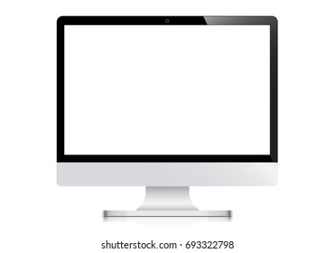 Front view of realistic modern desktop computer isolated on white background. PC blank screen. monitor with empty display. copy space on device mock up.
