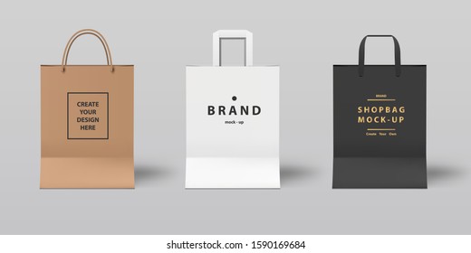 Front view of Realistic shopping bag mock-up set white,black and paper,vector design for branding.