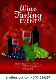 Front view of realistic wine bottles with drink glass and grapes on shiny red background for Wine Tasting event template or invitation card design.