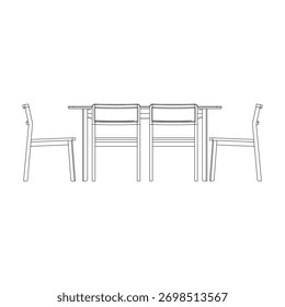 Vista frontal de um conjunto de jantar retangular com seis cadeiras dispostas uniformemente em torno da mesa. A elevação frontal mostra proporção, estrutura e equilíbrio ergonômico