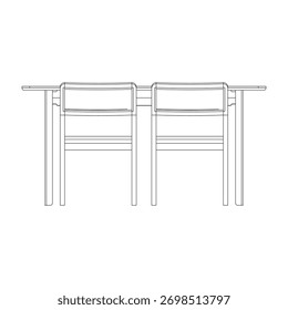 Vista frontal de um conjunto de jantar retangular com quatro cadeiras dispostas simetricamente em torno da mesa. A elevação frontal mostra linhas limpas, altura proporcional e alinhamento ergonômico,