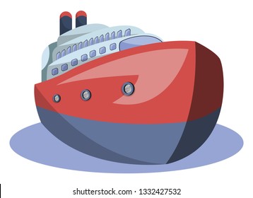 Front view of red and blue vector illustration of big ship on white background.