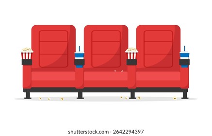 Vista frontal dos bancos de cinema vermelhos isolados sobre fundo branco. Poltronas no cinema com bebidas e milho pop. Conceito de cinema. Estoque vetorial