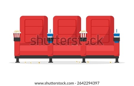 Front view of red cinema seats isolated on white background. Armchairs in the cinema with drinks and pop corn. Cinema concept. Vector stock