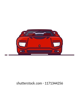 Front view of red fantasy racing sport car from 90s or 80s. Red super sport car for races. Line style vector illustration. Sport car banner. Speed and racing auto with spoiler and hidden headlamps.