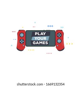 Front view of red gamepad for modern phone. Gaming on phone banner or print. Flat style vector illustration. Gamer controller with touchpad mobile phone. Gaming gamepad for mobile.