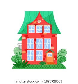 Front view red house with bright color windows and green roof. House facade with windows and balcony.