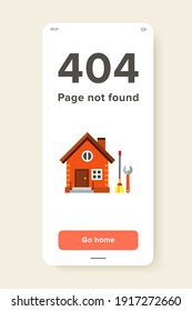 Front view of red house with broom and spanner. Maintenance of house, cleaning house, housework. Housekeeping concept. Can be used for topics like construction, renovation, household