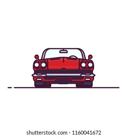 Front view of red muscle sport car with convertible hood. Cabriolet old style vehicle. Line style vector illustration. Vehicle and transport banner. Retro style old car from 60s.