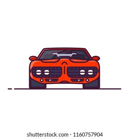 Front view of red muscle sport car with muscle engine. Line style vector illustration. Vehicle and transport banner. Retro style old car from 60s. 