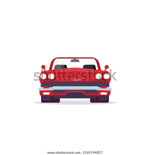 Front view of red\
muscle sport car from 60s. Vehicle and transport banner. Retro\
style old cabrio car from 60s. Red cabriolet with lights, big grill\
and shiny bumper.