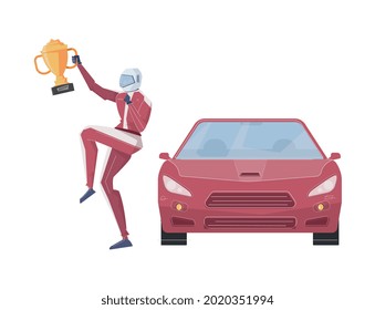 Vista frontal del coche de carreras rojas y feliz ganador con trofeo plano aislado ilustración vectorial