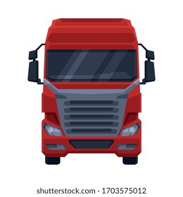 Front View of Red Truck, Cargo Delivery Semi Truck Flat Vector Illustration