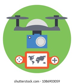 
Front view remote aerial drone with a camera taking photograph or video recording 
