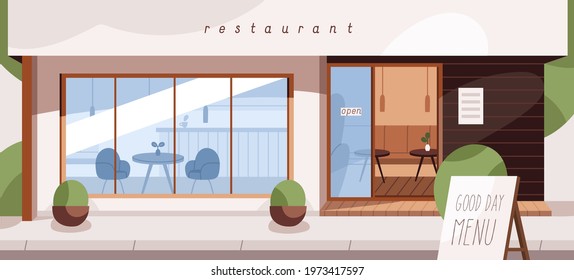 Front view of restaurant exterior from street. Cafe building with open glass door, window and furniture. Empty modern coffeehouse from outside. Urban cafeteria facade. Colored flat vector illustration