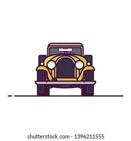 Front View Of Retro Classic Car From 30s. Line Style Vector Illustration. Old Vehicle Banner. Classic Motor Car From Front View. Antique Automobile Linear Drawing. Vintage Auto Pixel Perfect Banner.