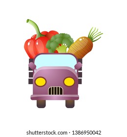 Front view of retro pickup with fresh eco vegetables
