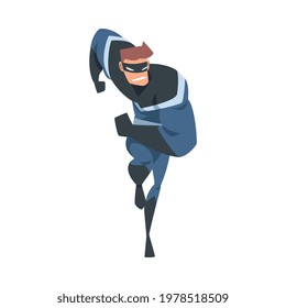 Front View of Runing Man Superhero Character in Black and Blue Costume Cartoon Vector Illustration