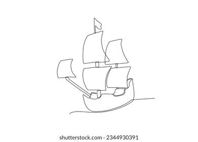 Vista frontal de un barco de vela. Dibujo de una línea de día de Colombia