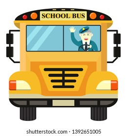 Front View School Bus Cartoon Isolated On White Background With A Smiling Old Man Driver