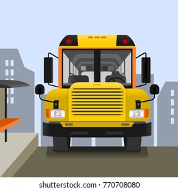 Front View School Bus on Road Vector Illustration With Cityscape Silhouette Background for Transportation Vehicle or School and Education Related Design