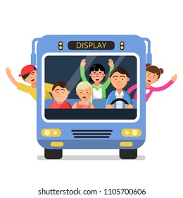 Front View Of School Bus With Set Of Happy Childrens And Driver. Transportation Student, Happy Trip Teenager In Schoolbus, Vector Illustration