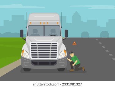 Vista frontal de un conductor de semirremolque revisando el neumático delantero por carretera. Mantenimiento e inspección de neumáticos de camiones. Plantilla de ilustración vectorial plana.